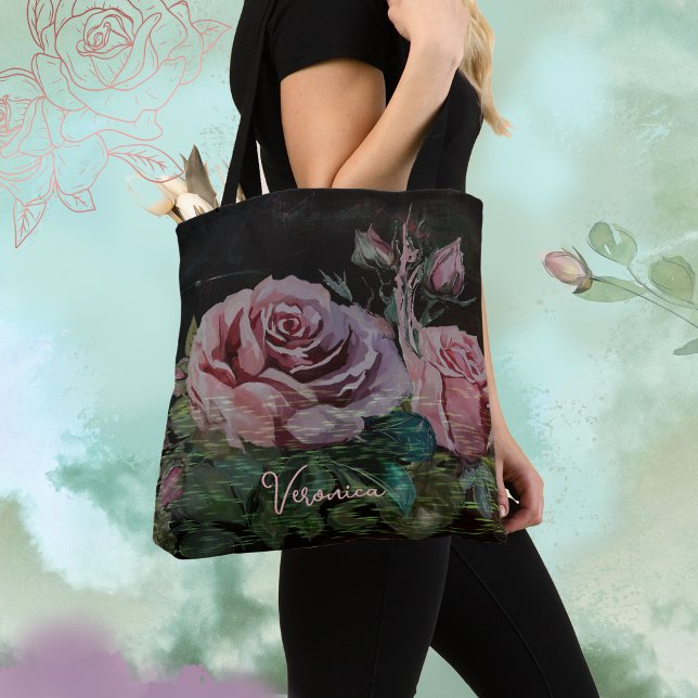 Tote Bag Roses roses sur fond noir  (Pink Roses on Black Tote Bag)