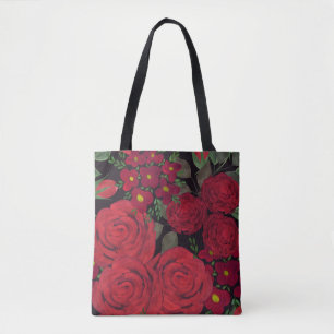 Tote Bag Roses rouges d'aquarelle sur le noir,