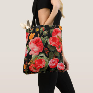 Tote Bag ROSES ROUGES ET BOUTEILLES JAUNES Florale noire