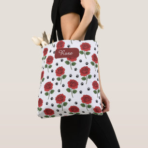 Tote Bag Roses Rouges et Empreintes de Pattes Nom Personnal