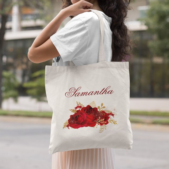 Tote Bag Roses rouges personnalisées Mariage floral (Créateur téléchargé)