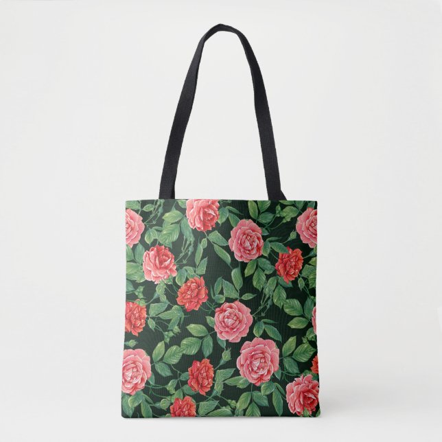 Tote Bag Roses rouges Vintage Motif noir (Devant)