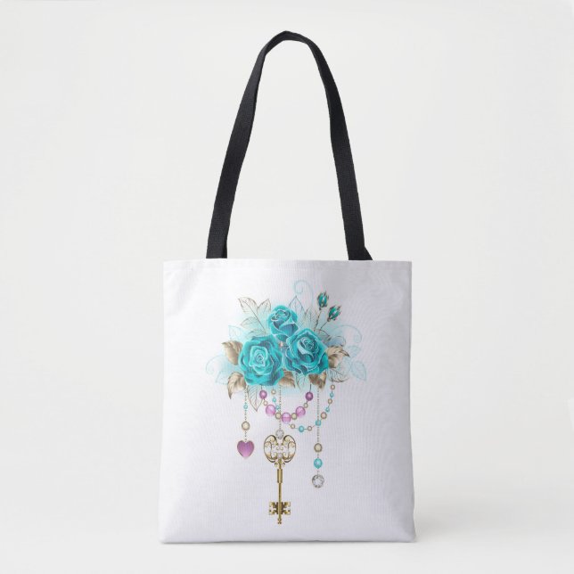 Tote Bag Roses turquoise avec touches (Devant)