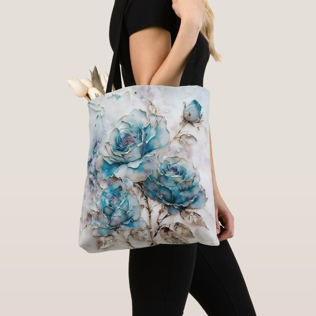 Tote Bag Roses turquoise et or à grande échelle (De près)