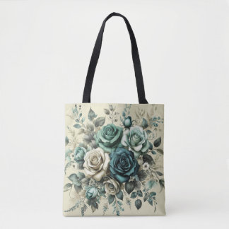 Tote Bag Roses turquoises et blanches
