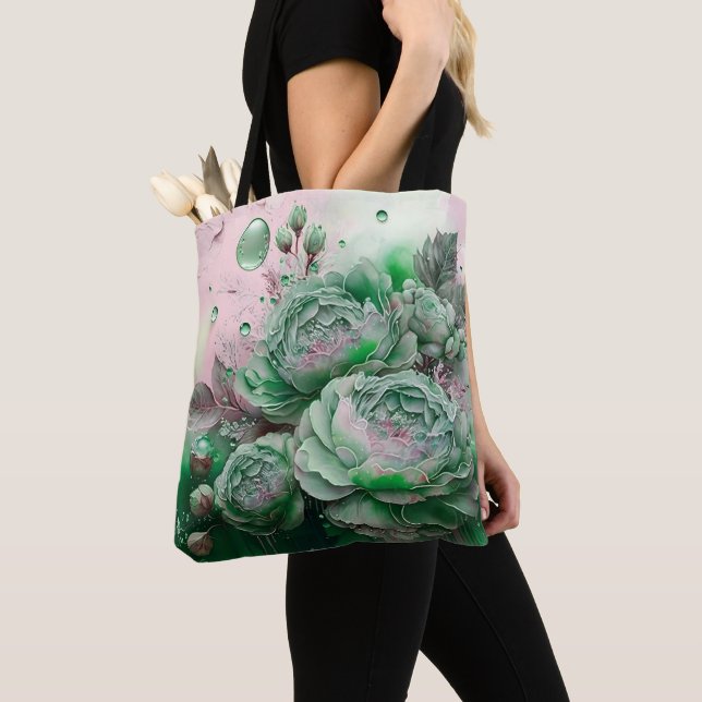Tote Bag Roses Vertes et Dorées Grande Échelle (De près)