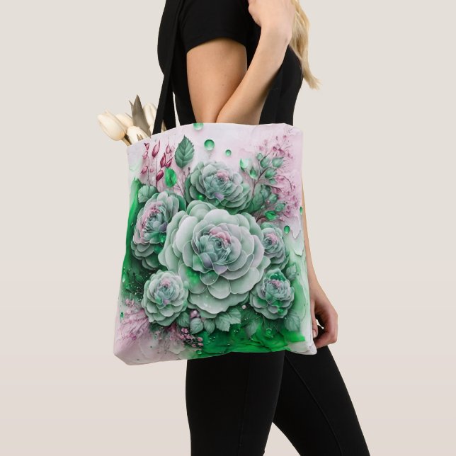 Tote Bag Roses Vertes et Dorées Grande Échelle (De près)