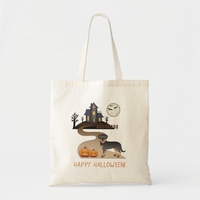Tote Bag Rottweiler noir et feu Halloween Maison Hantée (Devant)
