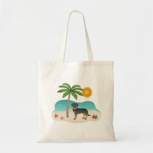 Tote Bag Rottweiler noir et feu sur une plage tropicale en