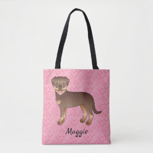 Tote Bag Rottweiler rouge et fauve sur cœurs roses & nom