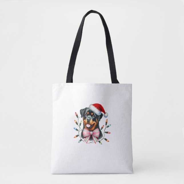 Tote Bag Rotweiler Chien avec Coquette Bow Noël Matchine (Devant)
