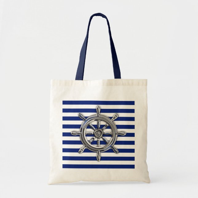 Tote Bag Roue Chrome Argent sur les bandes Nautiques (Devant)