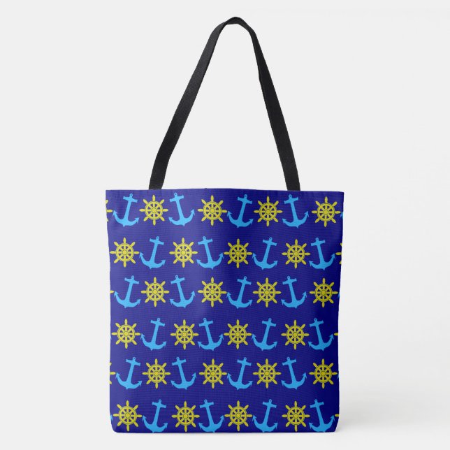 Tote Bag Roue nautique et Motif d'Ancres Plage amusante (Devant)