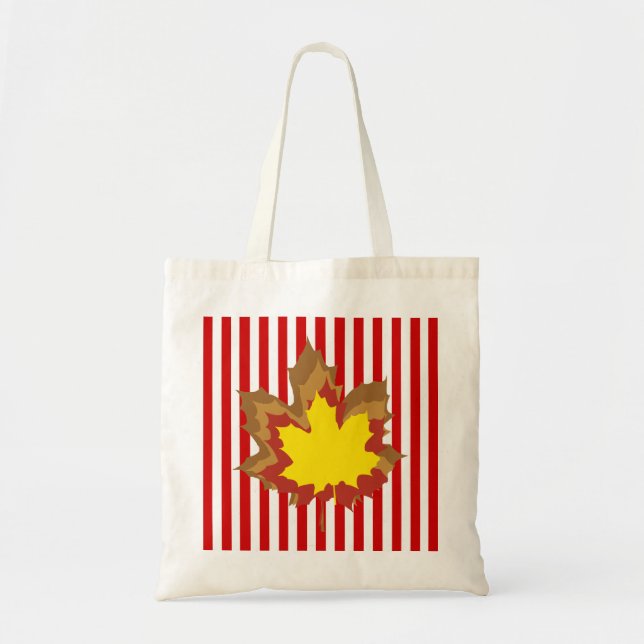 Tote Bag Rouge à rayures automnales avec Feuilles (Devant)