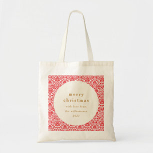 Tote Bag Rouge Antique Damassé Fête Personnalisé Joyeux Noë