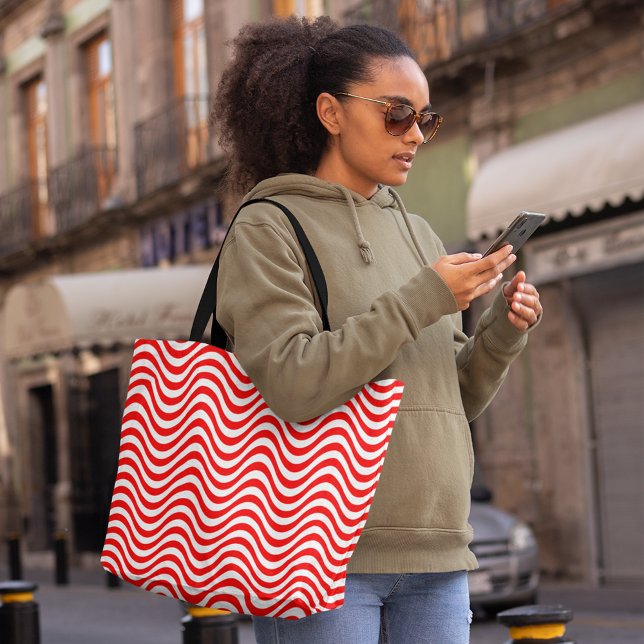 Tote Bag Rouge blanc ondulé rayures psychédélique hypnotiqu (Red White Wavy Stripes Psychedelic Hypnotic Tote Bag, shopping bag, large tote bag, tote, bag, red)