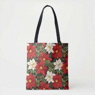Tote Bag Rouge Blanc Vert Poinsettia Fleurs Motif