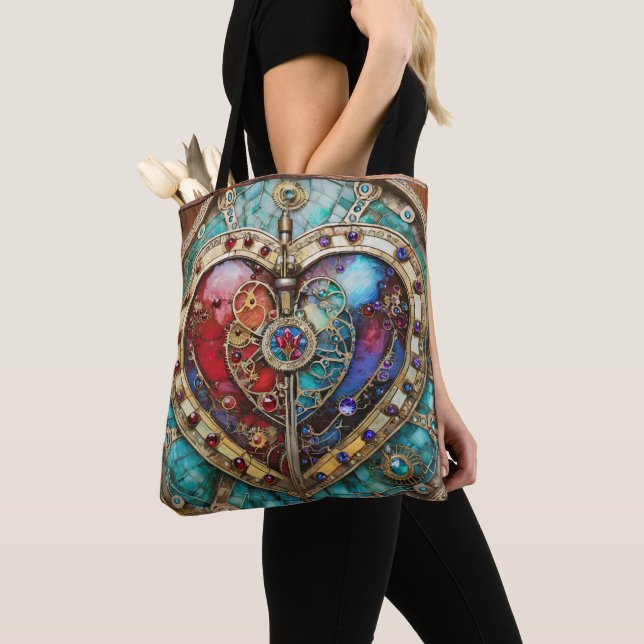 Tote Bag Rouge & Bleu Vitrail Heart Steampunk Series (De près)