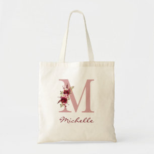 Tote Bag Rouge Bourguignon Rose Pâle Lettre M Floral