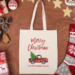 Tote Bag Rouge Bracelet Script Vintage Camion Rouge Noël<br><div class="desc">Script de brosse moderne Joyeux Noël Aquarelle Vintage Camion rouge avec Sac fourre-tout d'arbre de Noël</div>