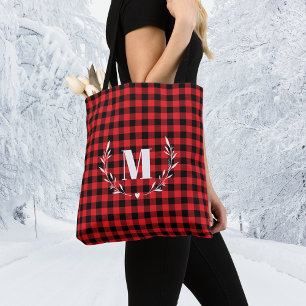 Tote Bag Rouge Buffalo Plaid Monogramme de Noël