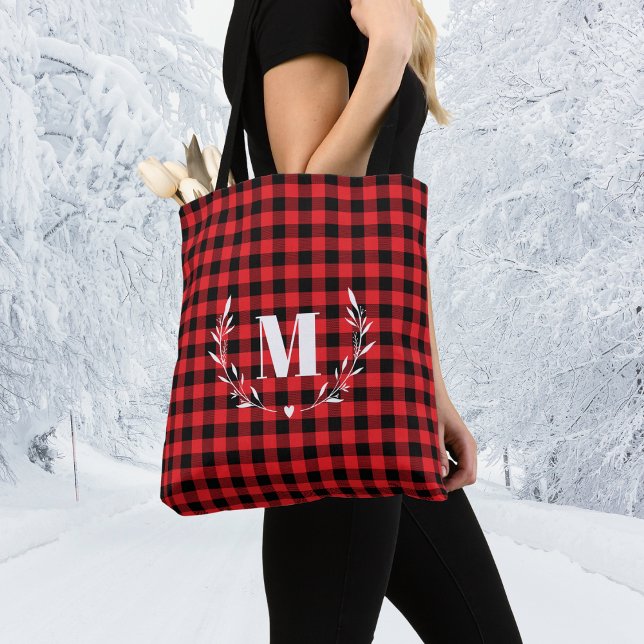 Tote Bag Rouge Buffalo Plaid Monogramme de Noël (Créateur téléchargé)