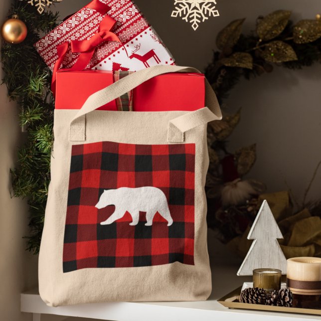 Tote Bag Rouge Buffalo Plaid & Ours Blanc (Créateur téléchargé)
