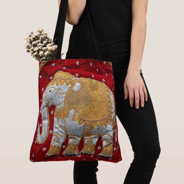 Tote Bag Rouge embelli et or d'éléphant d'Asie (De près)
