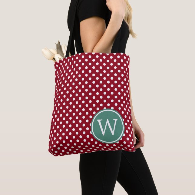 Tote Bag Rouge et Blanc à pois avec monogramme sarcelle fon (De près)