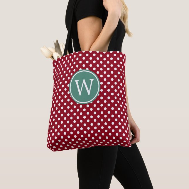 Tote Bag Rouge et Blanc à pois avec monogramme sarcelle fon (De près)