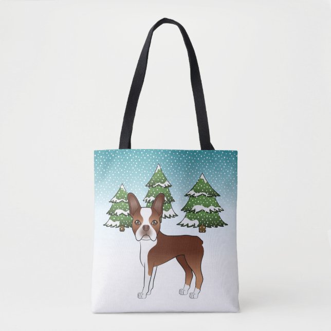 Tote Bag Rouge Et Blanc Boston Terrier En Hiver (Devant)