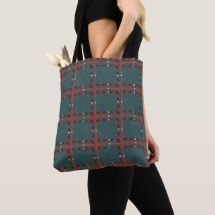 Tote Bag Rouge Et Blanc Minimal Plaid Sur Vert Foncé