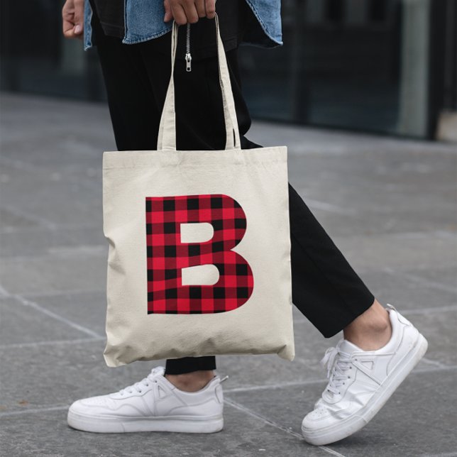 Tote Bag Rouge et Noir Buffalo Carreaux Monogramme Lettre B (Red and Black Buffalo Plaid Bold Letter B Monogram Tote Bag)