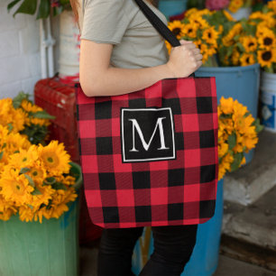 Tote Bag Rouge et Noir Buffalo Plaid Monogrammé