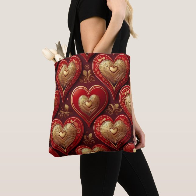 TOTE BAG ROUGE ET OR VALENTINES JOUR AIMER LES COEURS (De près)