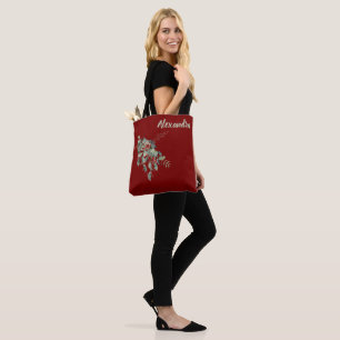Tote Bag Rouge foncé avec feuilles et baies à l'aquarelle n