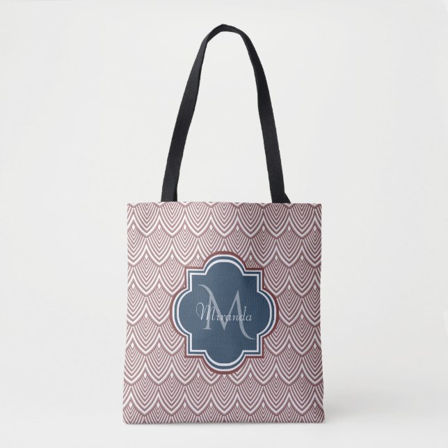 Tote Bag Rouge foncé Déco pétoncles bleu marine Monogramme  (Devant)