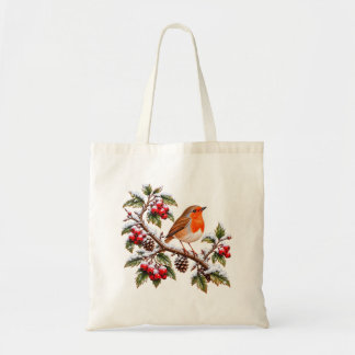 Tote Bag Rouge-gorge familier sur branche hivernale enneigé