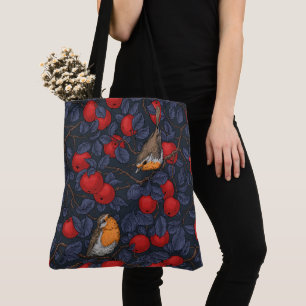 Tote Bag Rouge-gorges dans le pommier/bleu et rouge