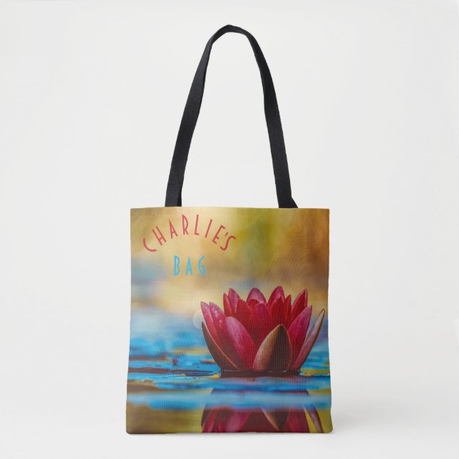 Tote Bag Rouge Lotus Fleur Bleu et Or Accents (Devant)