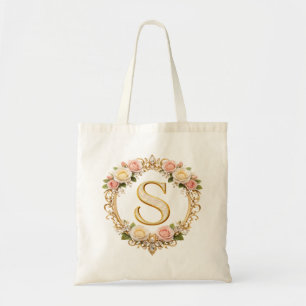 Tote Bag Rouge Mariage Monogramme Floral Or Rose Initiale S