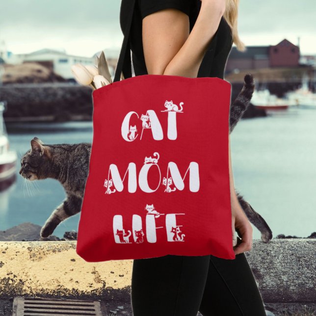 Tote Bag Rouge Moderne Chat Maman Vie Mère Mère Fête (Créateur téléchargé)