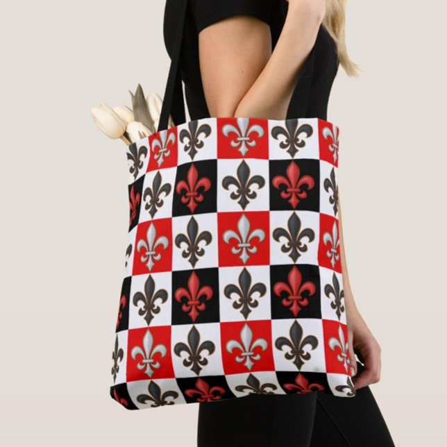 Tote Bag Rouge Noir Blanc À damiers Fleur de lis Design (Créateur téléchargé)