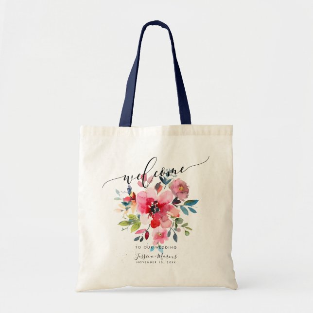 Tote Bag Rouge ombré+Fleurs aquarelles bleu poussiéreux Bie (Devant)