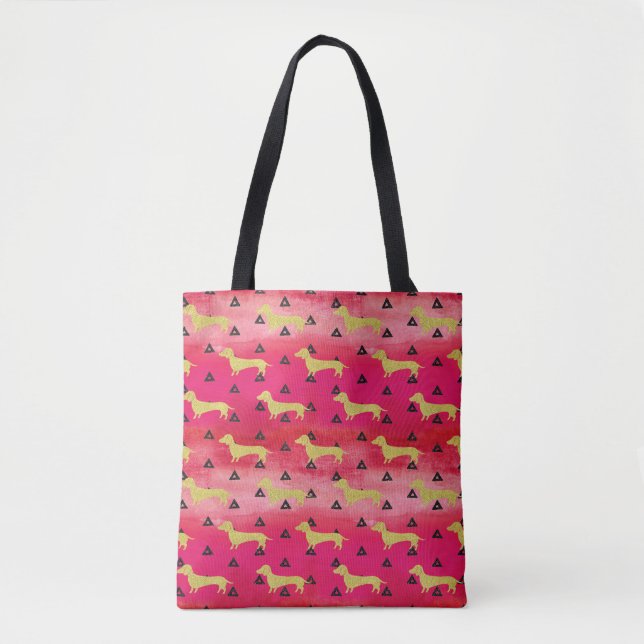 Tote Bag Rouge/or/motif noir de teckel et de triangles (Devant)
