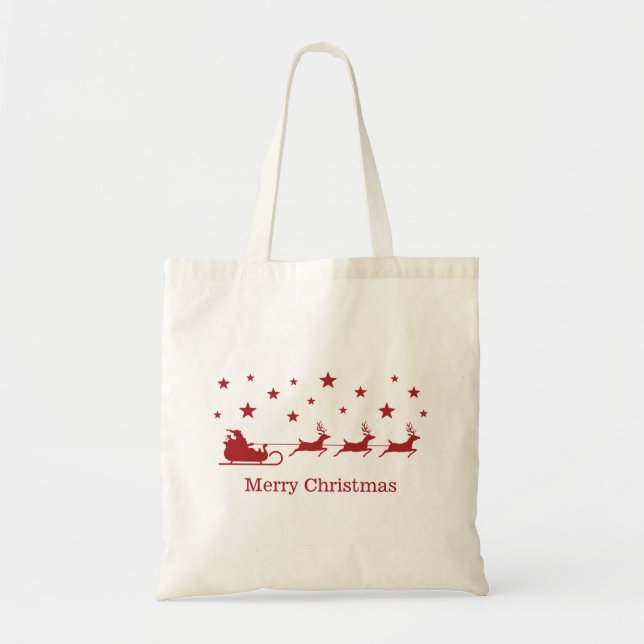 Tote Bag Rouge (ou votre couleur) Père Noël Sleigh & Joyeux (Devant)