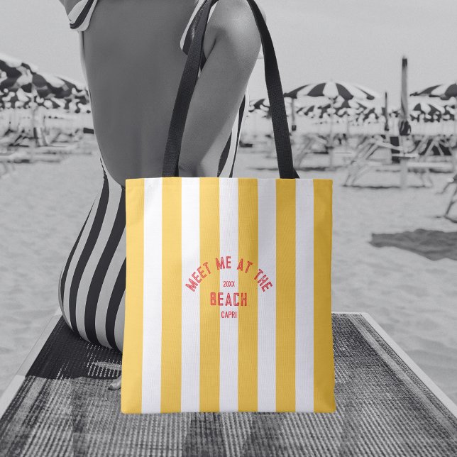 Tote Bag Rouge Rencontrez-Moi À La Plage Cabana Jaune Strip (Créateur téléchargé)