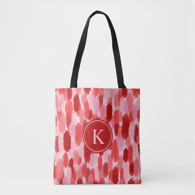 Tote Bag Rouge rose Abstrait brosses Motif Monogramme (Devant)