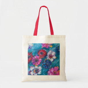 TOTE BAG ROUGE ROUGE BLANC FLEURS COLORÉES EN BLEU