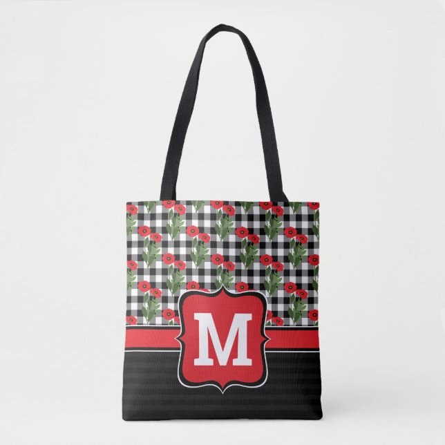 Tote Bag Rouge Shabby Chic, coquelicots monogramme noir et  (Devant)